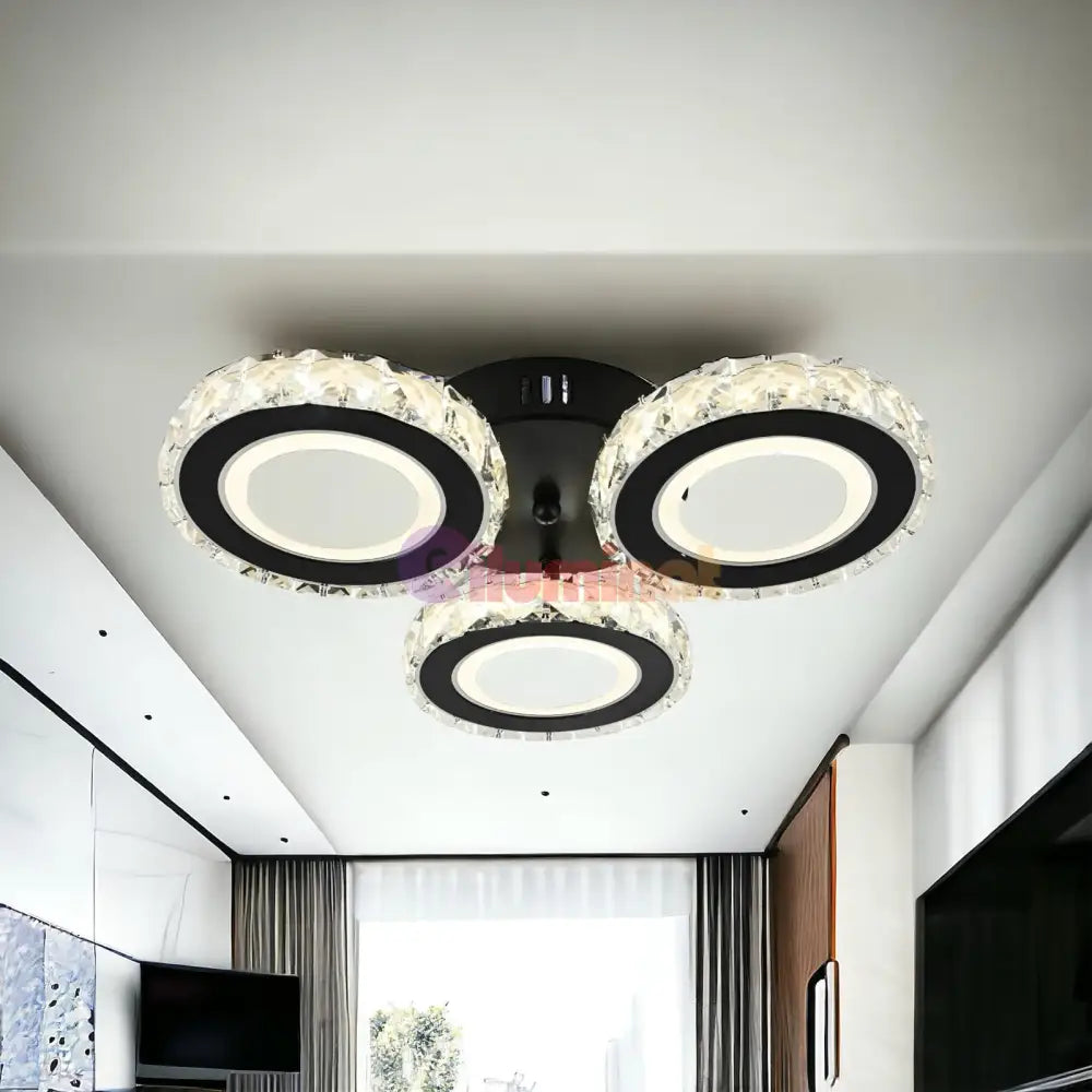 Lustra Led 72W 3 Circle Cristal Negru Telecomanda Lighting Fixtures