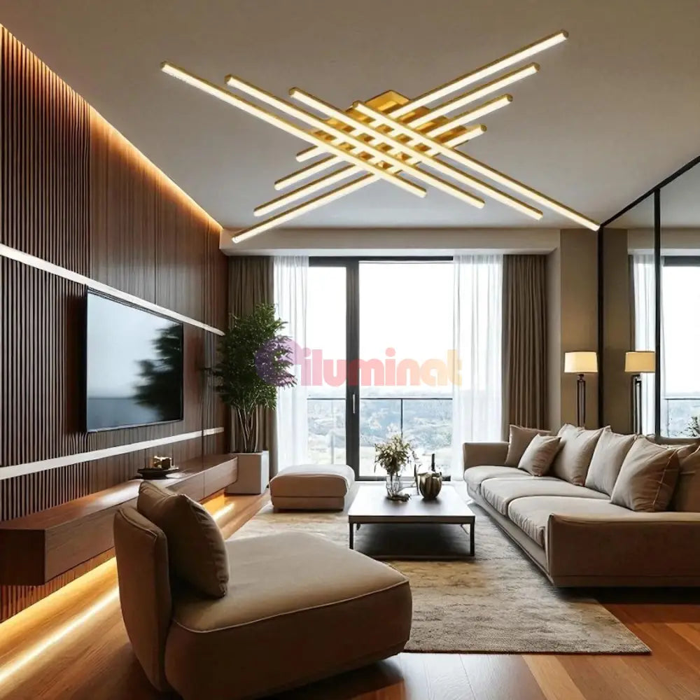 Lustra LED 8 Modern LINES Gold Echivalent 1000W Telecomanda AURIE / 120CM / MINIMALIST DESIGN Lighting Fixtures