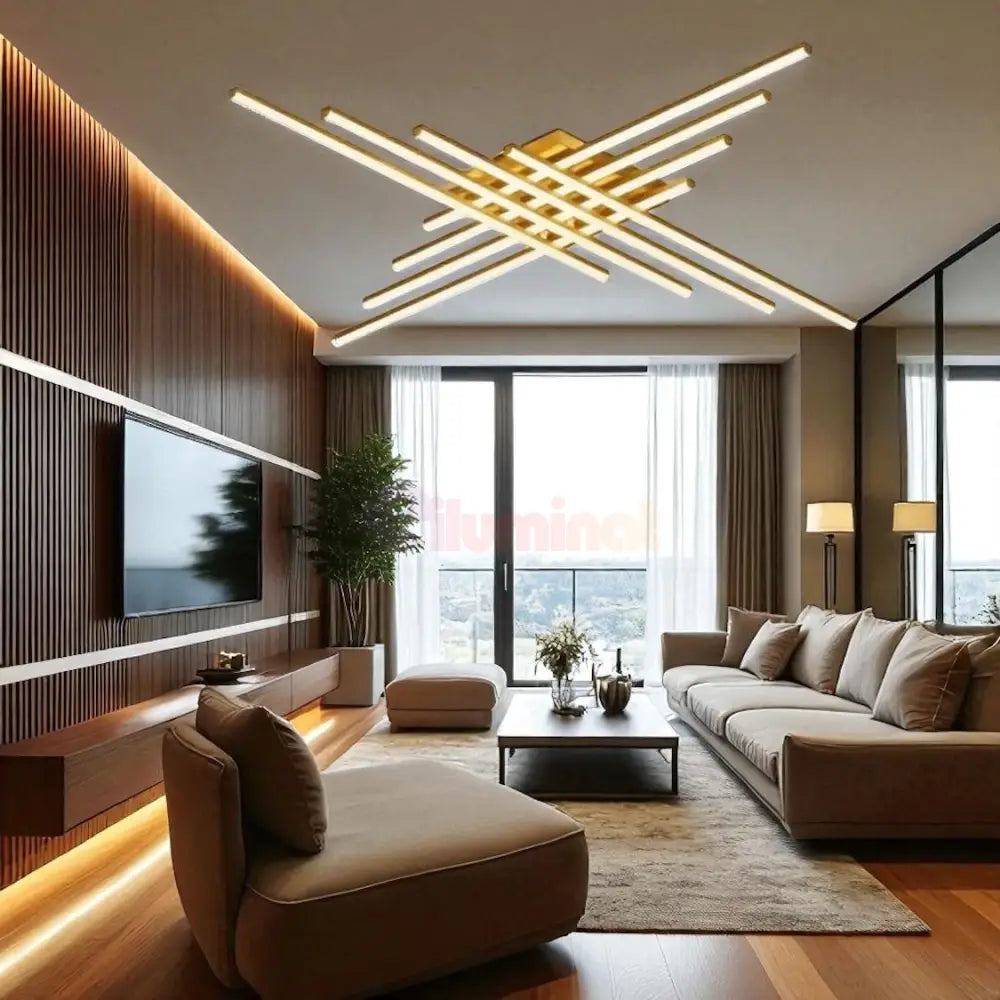 Lustra LED 8 Modern LINES Gold Echivalent 1000W Telecomanda AURIE / 120CM / MINIMALIST DESIGN Lighting Fixtures