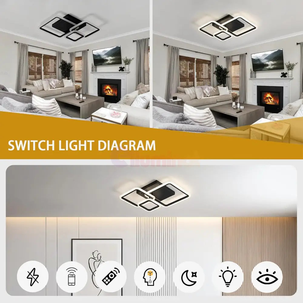 Lustra LED 88W Three Square Black SMART Echivalent 400W Telecomanda NEAGRA / SQUARE DESIGN Lighting Fixtures