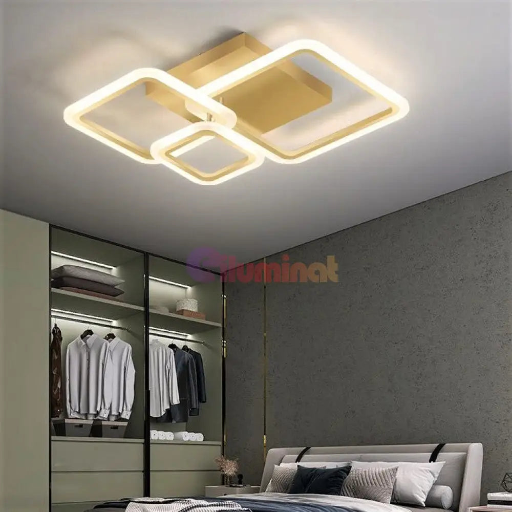 Lustra Led 88W Three Square Gold Smart Echivalent 400W Telecomanda Lighting Fixtures