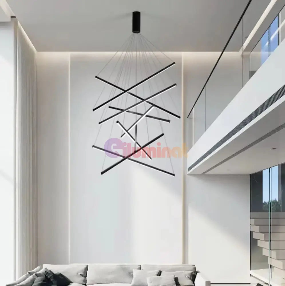 Lustra Led 9 Geometric Lines Suspendata Echivalent 1200W 300Cm Neagra / Suspendate Lighting Fixtures