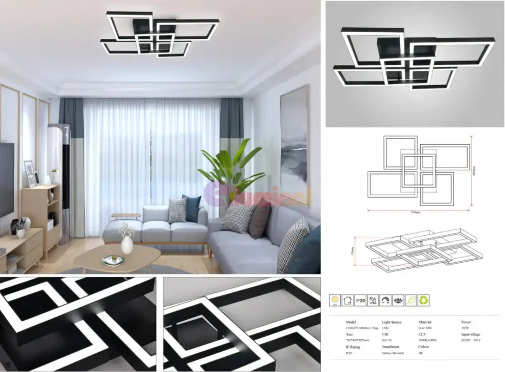 Lustra Led Arteon Black 3 + 2 Echivalent 400W Telecomanda Lighting Fixtures