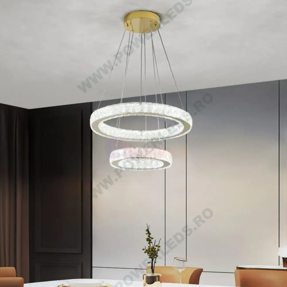 Lustra Led Cristal Gold 2 Segmente Telecomanda Echivalent 600W Ceiling Light Fixtures