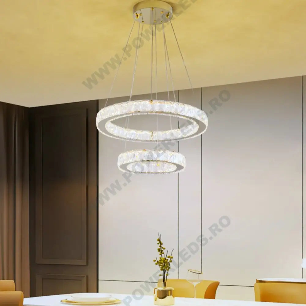 Lustra Led Cristal Gold 2 Segmente Telecomanda Echivalent 600W Ceiling Light Fixtures