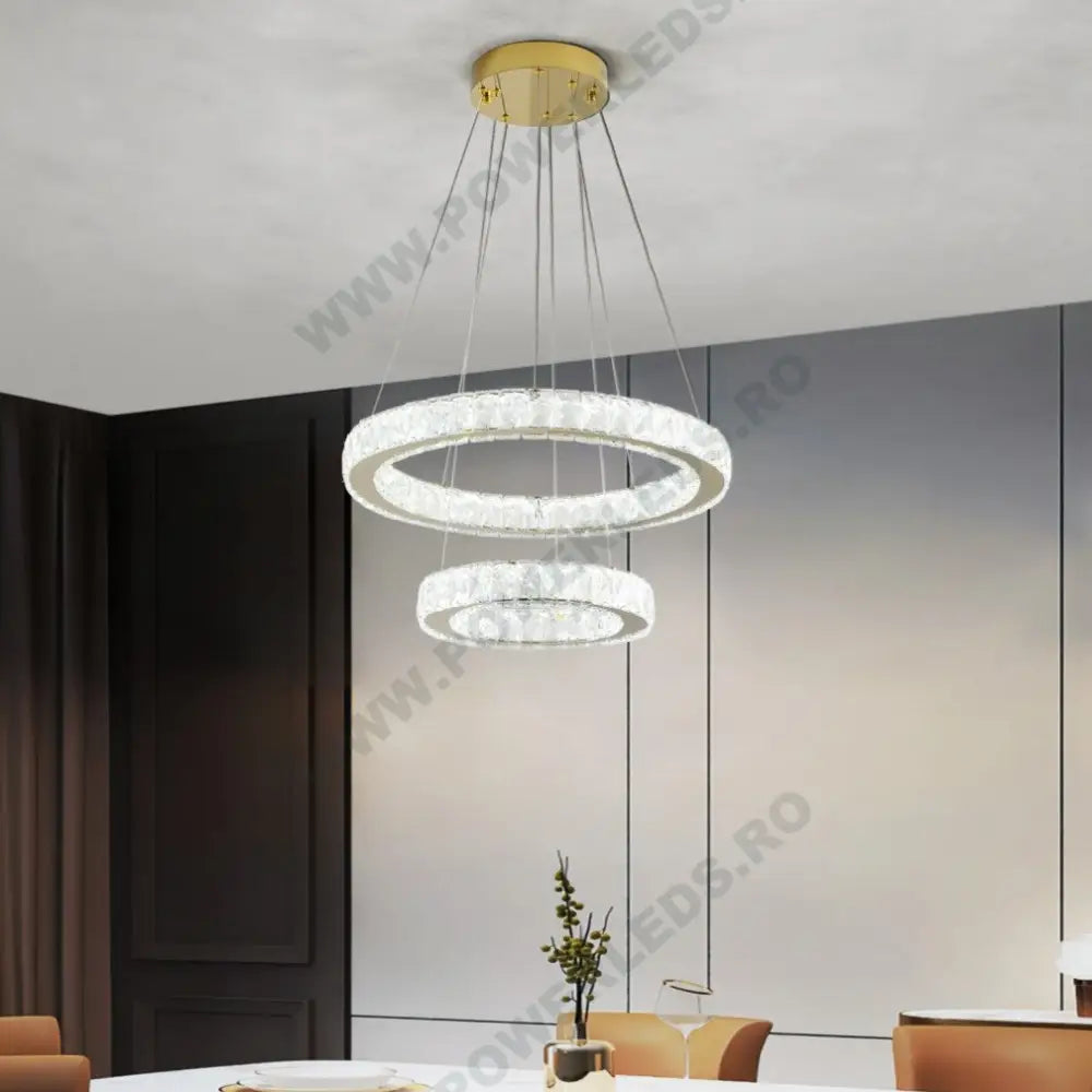 Lustra Led Cristal Gold 2 Segmente Telecomanda Echivalent 600W Ceiling Light Fixtures
