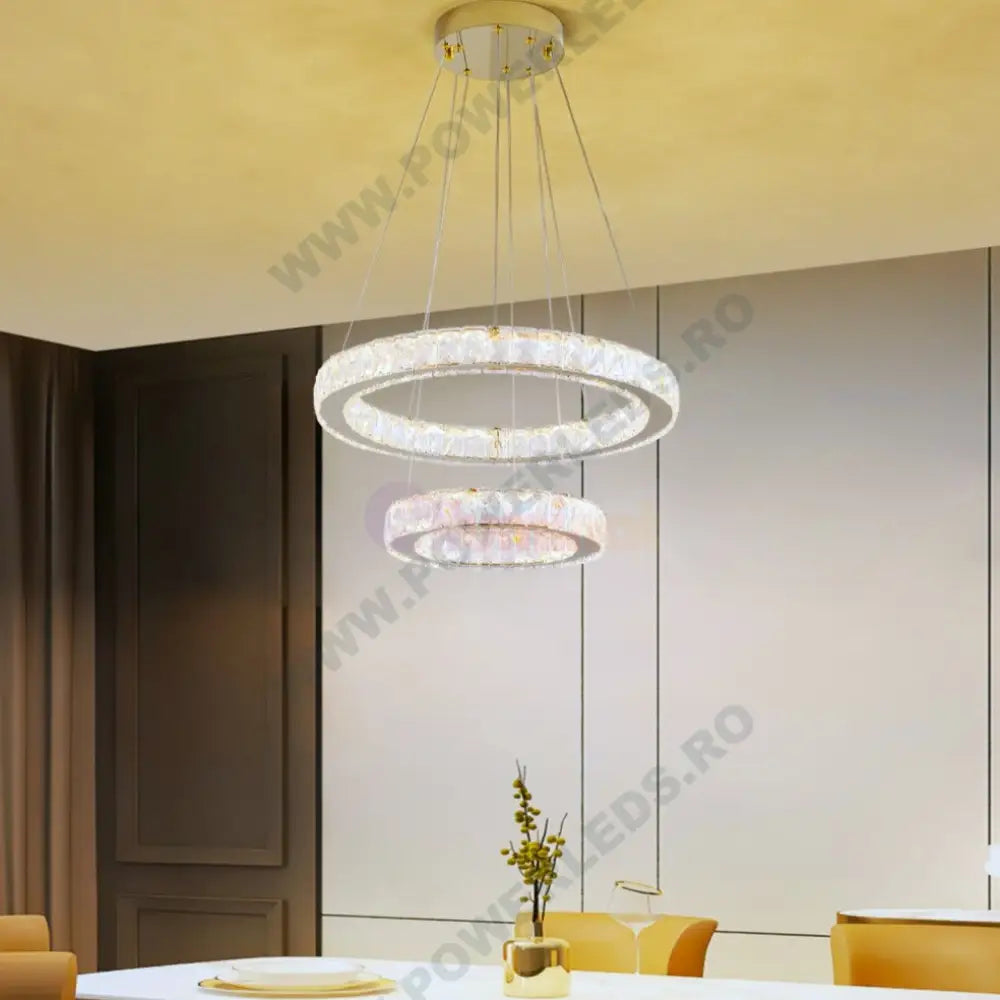 Lustra Led Cristal Gold 2 Segmente Telecomanda Echivalent 600W Ceiling Light Fixtures
