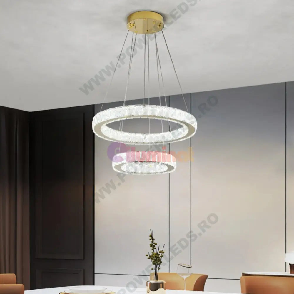 Lustra Led Cristal Gold 2 Segmente Telecomanda Echivalent 600W Ceiling Light Fixtures