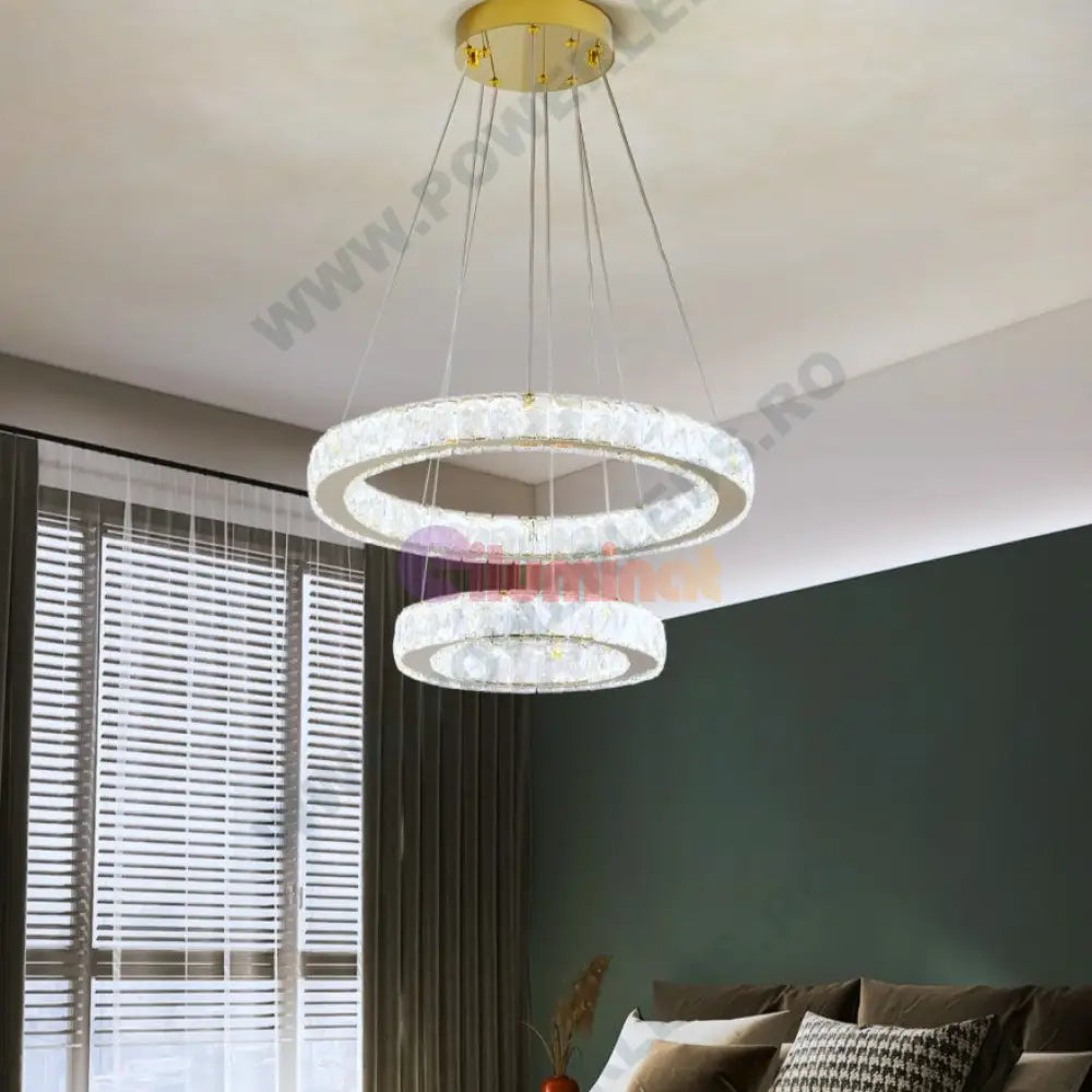 Lustra Led Cristal Gold 2 Segmente Telecomanda Echivalent 600W Ceiling Light Fixtures