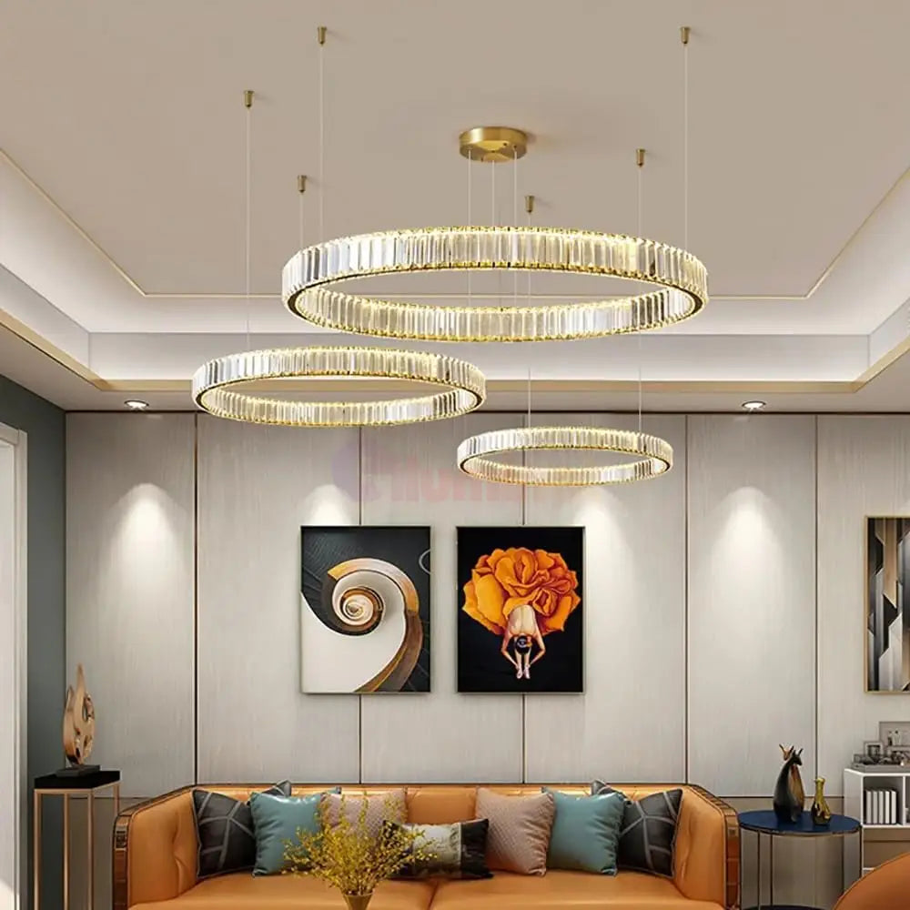 Lustra LED Cristal Gold 3 Segmente Mobile Echivalent 1000W Telecomanda Lighting Fixtures