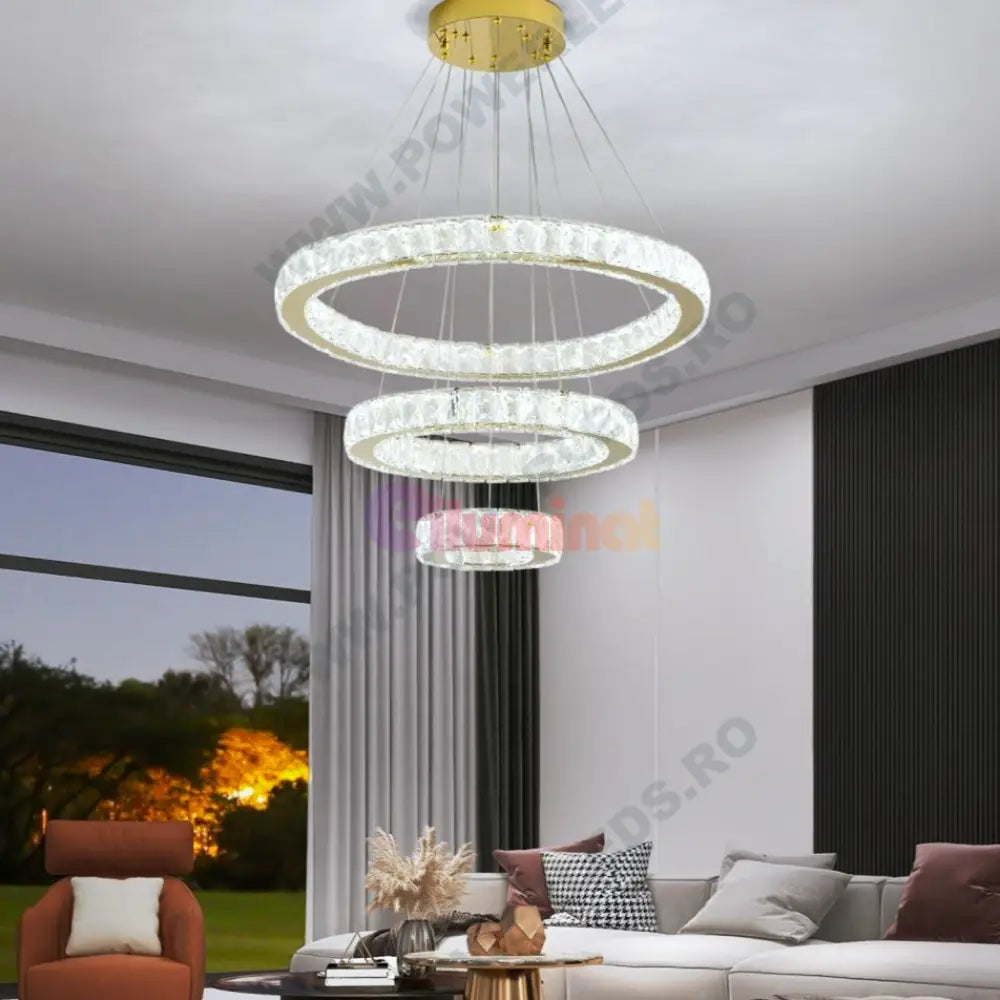 Lustra Led Cristal Gold 3 Segmente Telecomanda Echivalent 800W Chandeliers Crystal