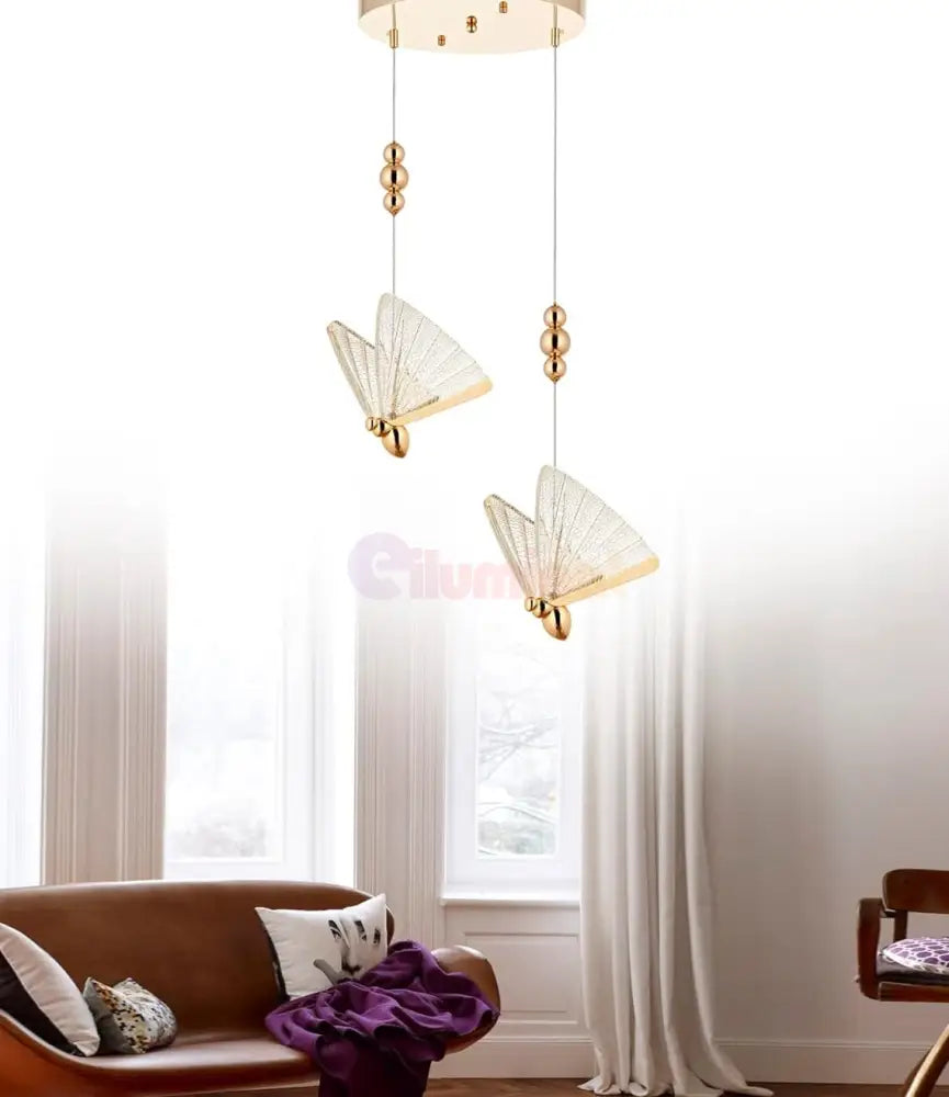Lustra Led Luxury 2 Golden Butterflies Lighting Fixtures