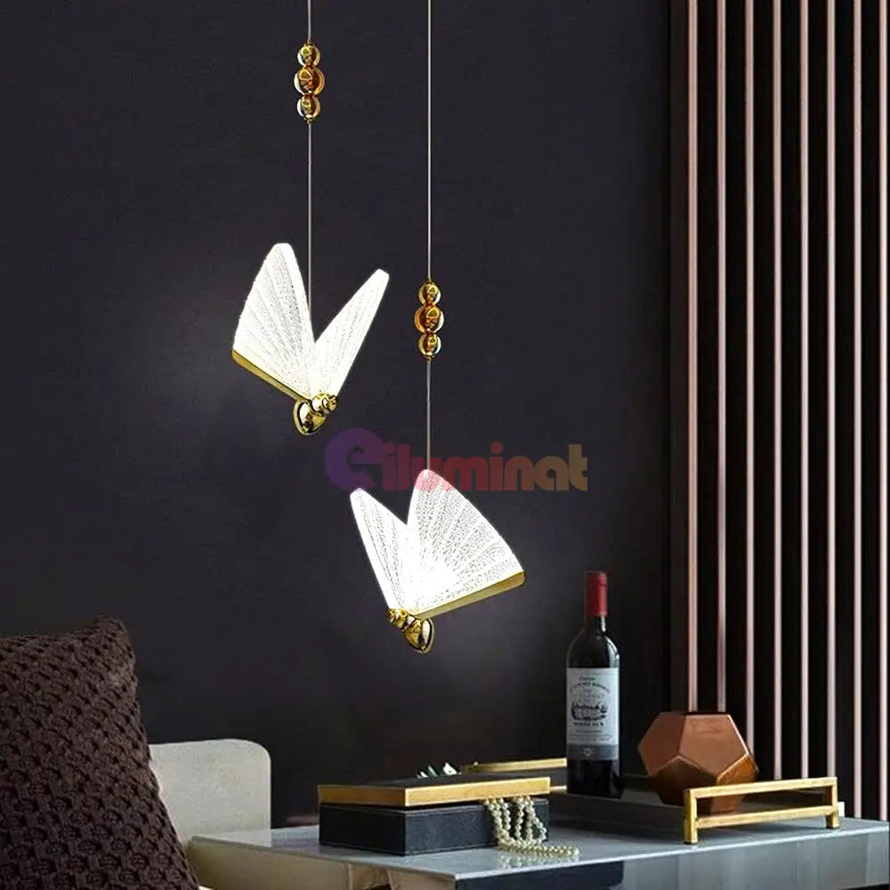 Lustra Led Luxury 2 Golden Butterflies Lighting Fixtures