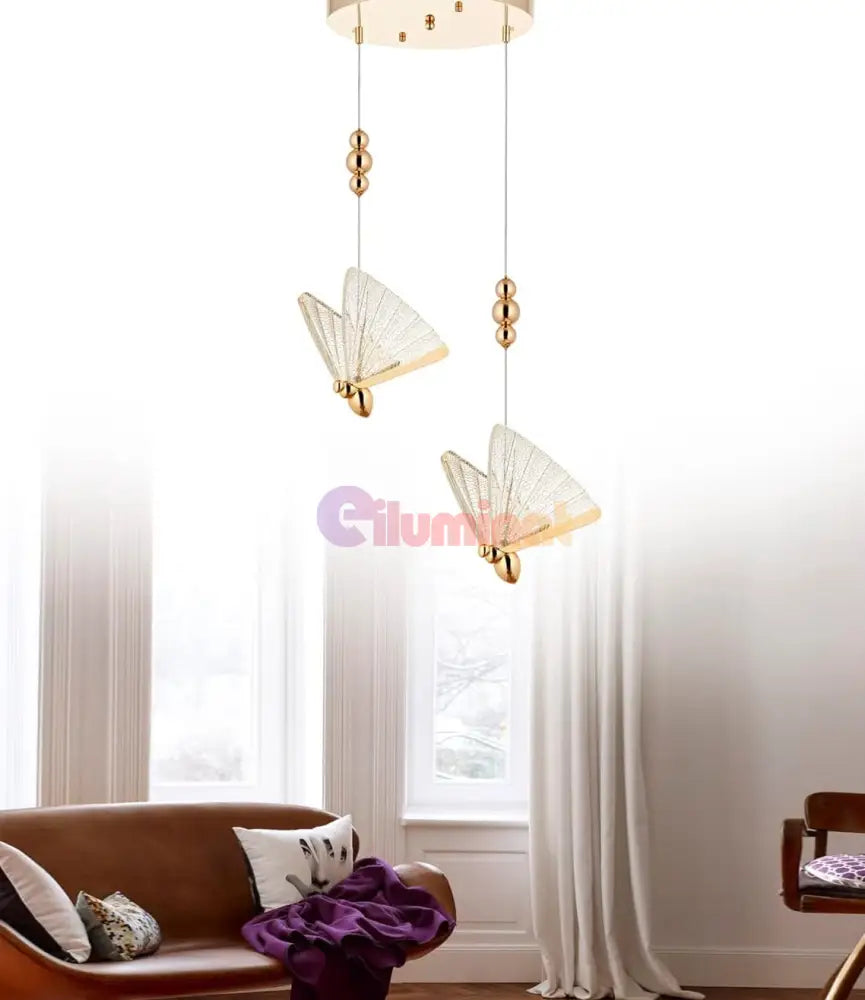 Lustra Led Luxury 2 Golden Butterflies Lighting Fixtures