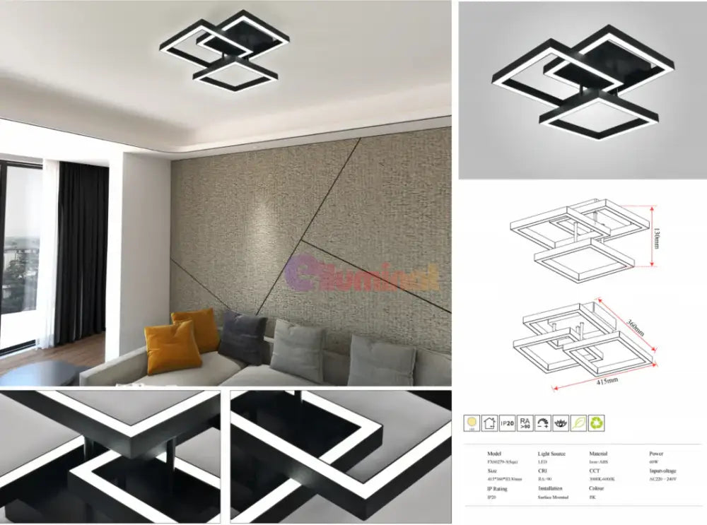 Lustra Led Modern 3 Square Black Echivalent 300W Telecomanda Lighting Fixtures