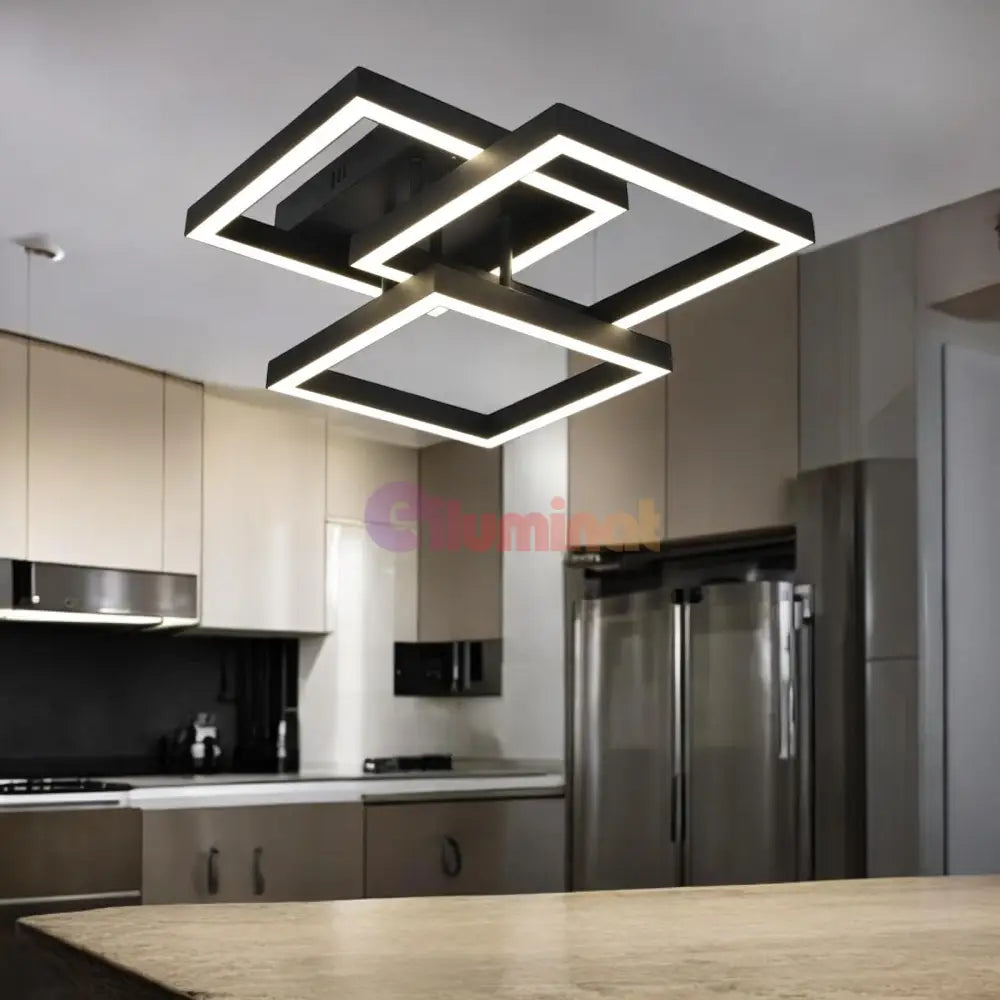 Lustra Led Modern 3 Square Black Echivalent 300W Telecomanda Lighting Fixtures