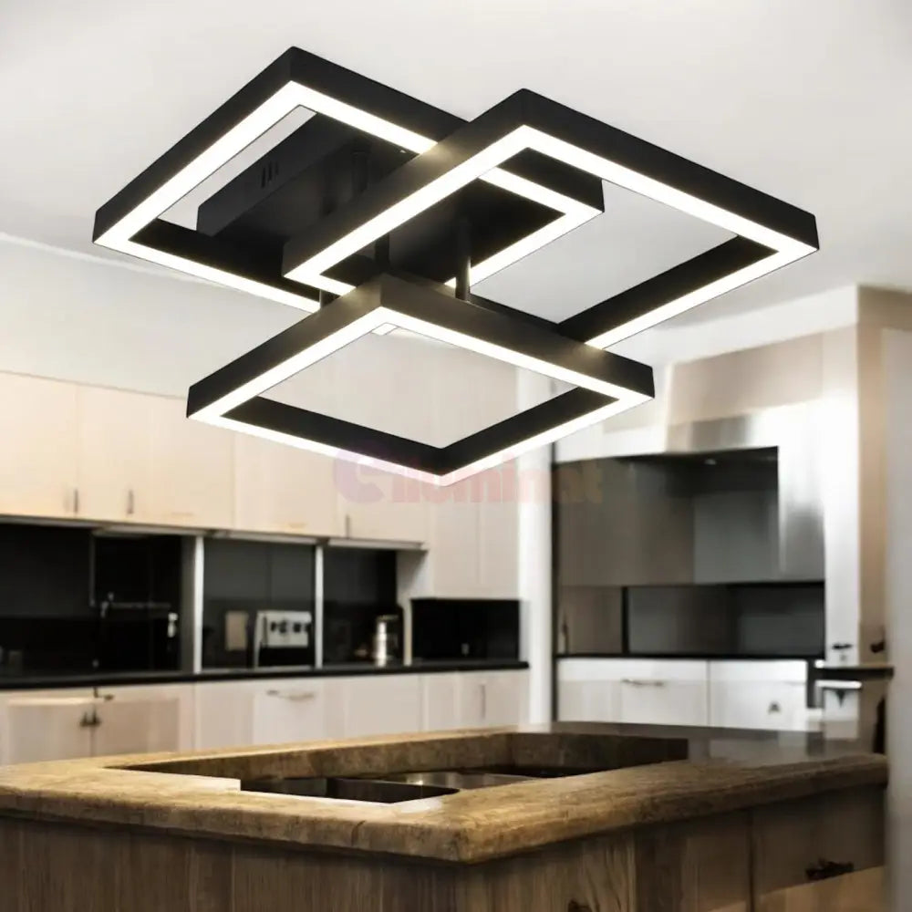 Lustra Led Modern 3 Square Black Echivalent 300W Telecomanda Lighting Fixtures