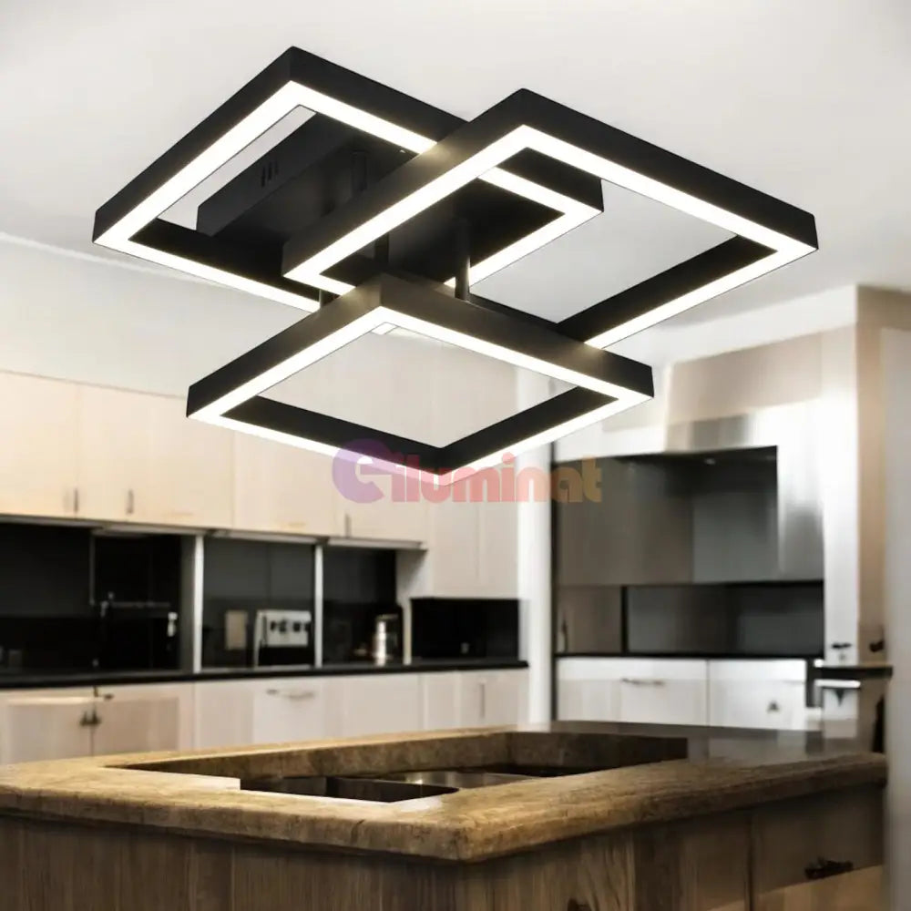 Lustra Led Modern 3 Square Black Echivalent 300W Telecomanda Lighting Fixtures