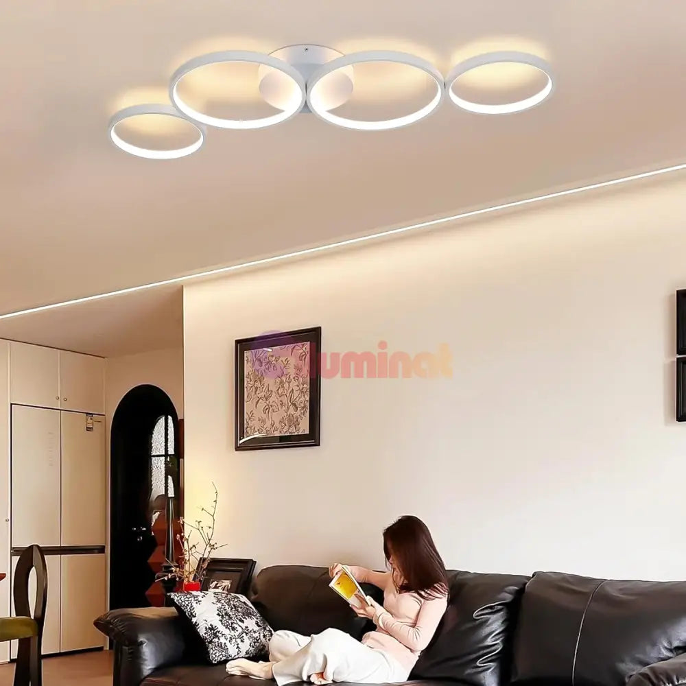 Lustra LED Modern White 4 Rings Echivalent 600W Telecomanda ALBA / 88CM / CIRCLE DESIGN Lighting Fixtures