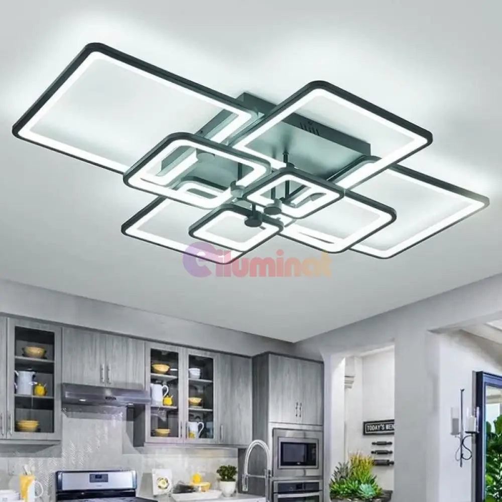 Lustra Led Square 8 Big Black Echivalent 1200W Telecomanda Lighting Fixtures