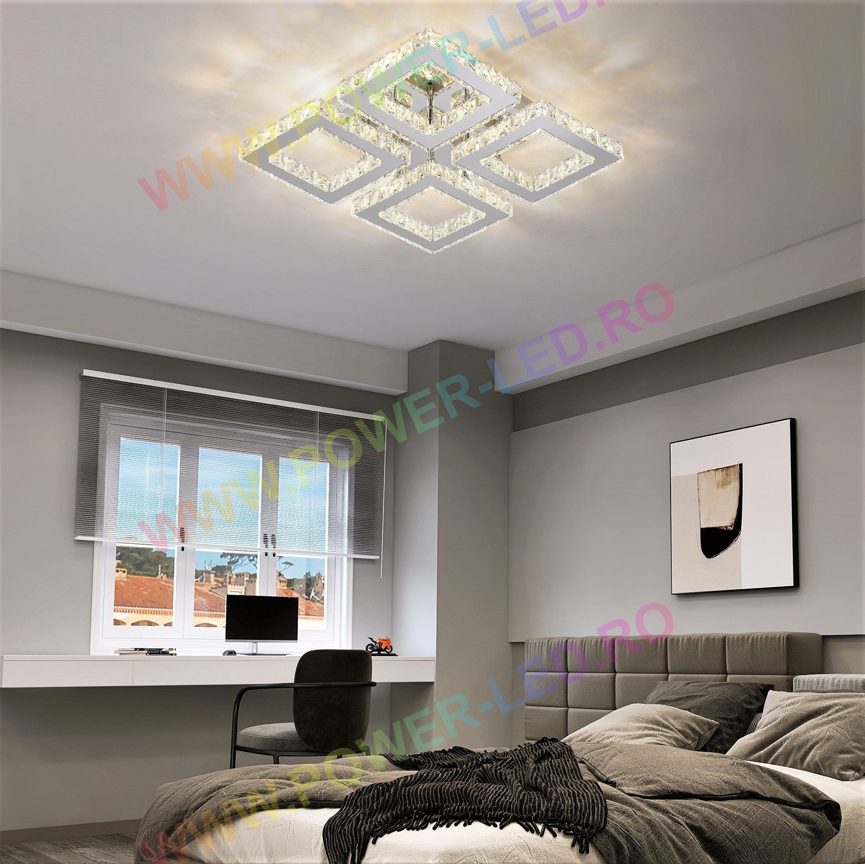 Lustra Led 96W 2 + 2 Square Cristal Telecomanda Lighting Fixtures