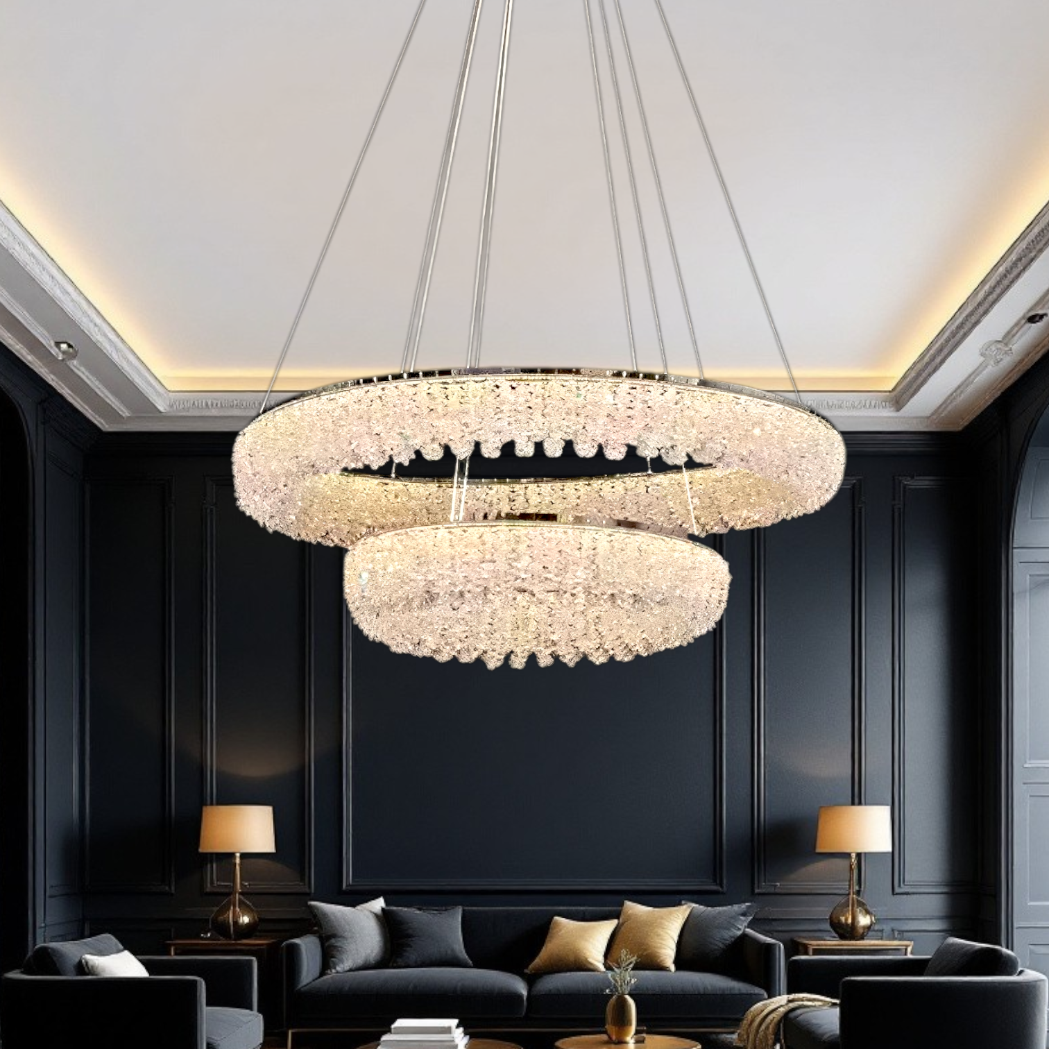 Lustra LED Suspendata Chrome Crystal Sponge 2 Segmente Rotunde Ceiling Light Fixtures