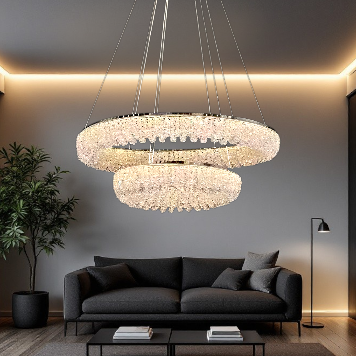 Lustra LED Suspendata Chrome Crystal Sponge 2 Segmente Rotunde Ceiling Light Fixtures