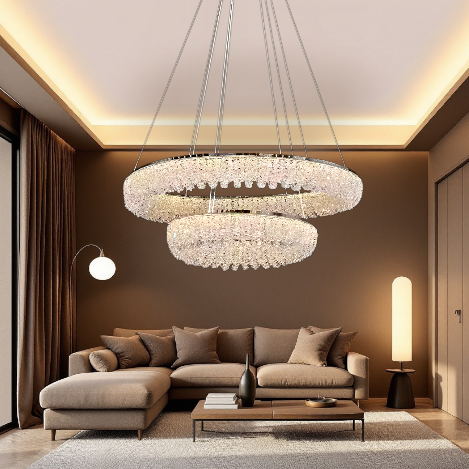 Lustra LED Suspendata Chrome Crystal Sponge 2 Segmente Rotunde Ceiling Light Fixtures