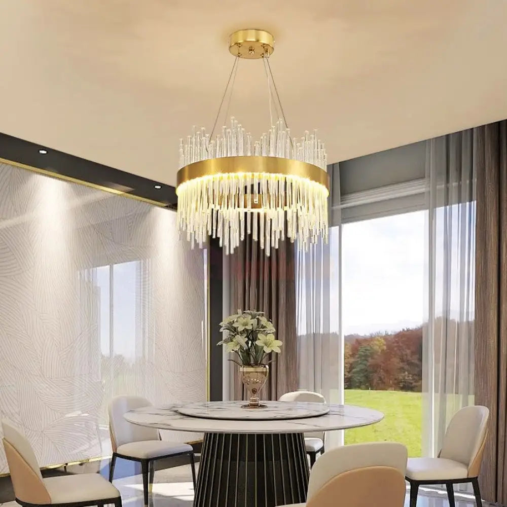 Lustra Led Suspendata Crown Gold Cristal 40Cm Echivalent 300W Telecomanda Chandeliers Crystal