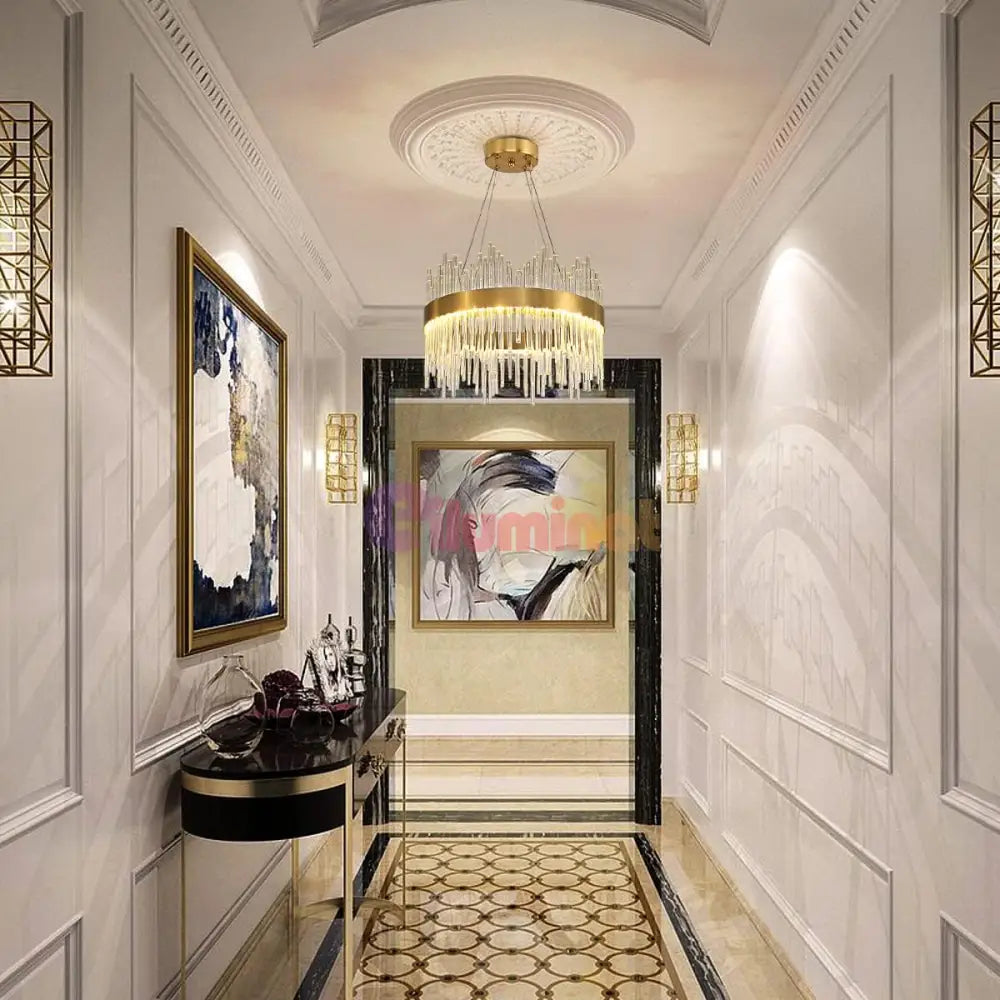 Lustra Led Suspendata Crown Gold Cristal 40Cm Echivalent 300W Telecomanda Chandeliers Crystal