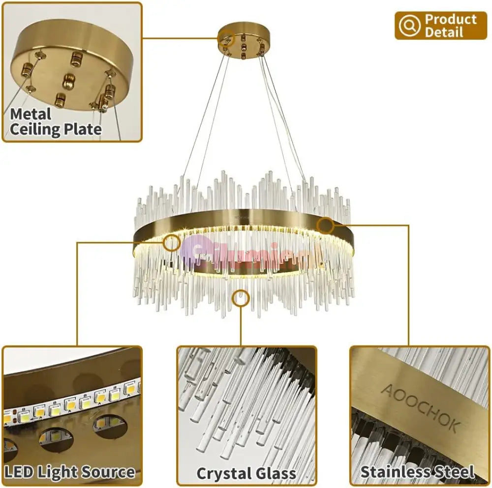 Lustra Led Suspendata Crown Gold Cristal 60Cm Echivalent 500W Telecomanda Chandeliers Crystal