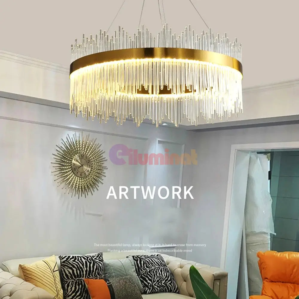 Lustra Led Suspendata Crown Gold Cristal 60Cm Echivalent 500W Telecomanda Chandeliers Crystal