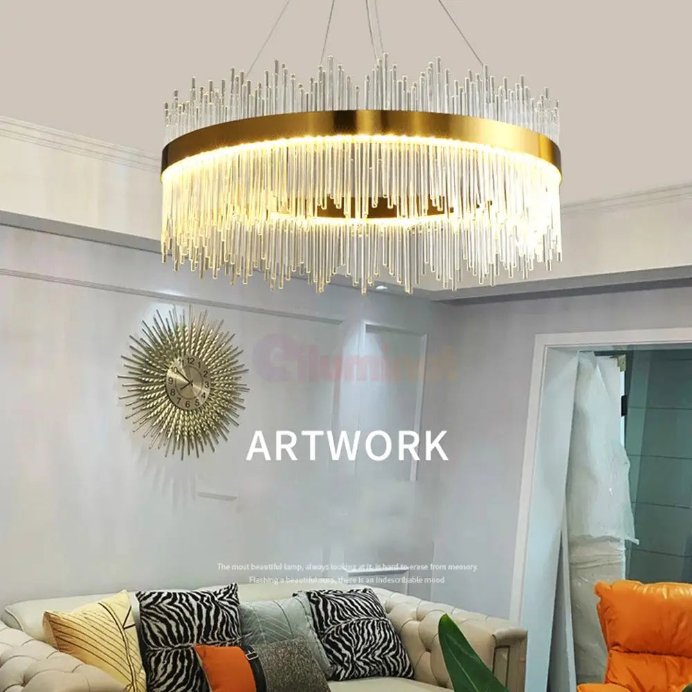 Lustra Led Suspendata Crown Gold Cristal 60Cm Echivalent 500W Telecomanda Chandeliers Crystal