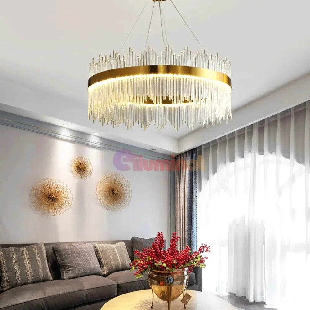 Lustra Led Suspendata Crown Gold Cristal 60Cm Echivalent 500W Telecomanda Chandeliers Crystal