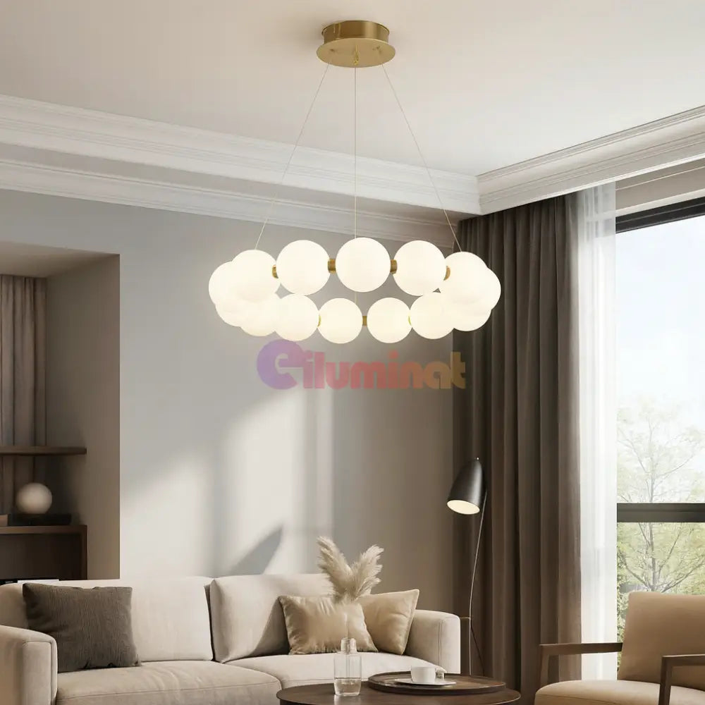 Lustra LED Suspendata Gold PEARL Echivalent 500W Telecomanda AURIE / ABAJUR Chandeliers
