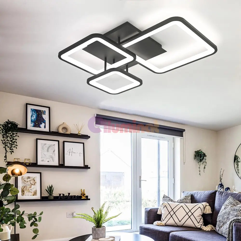 Lustra Led Three Square Black Echivalent 400W Telecomanda Lighting Fixtures