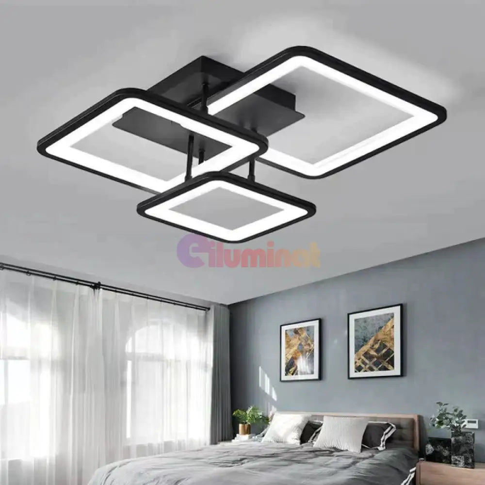 Lustra Led Three Square Black Echivalent 400W Telecomanda Lighting Fixtures