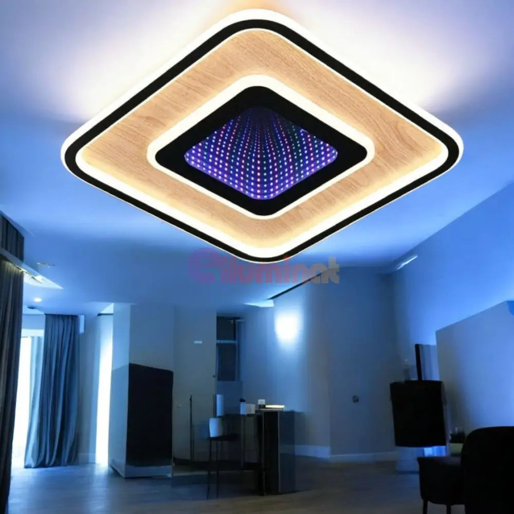 Lustra Led Woody Touch Square 3D Rgb Telecomanda Echivalent 500W Lighting Fixtures