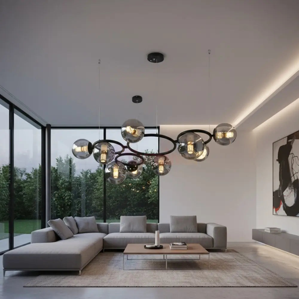 Lustra Suspendata DIONIS Circles Black Abajur Fumuriu 9xE27 Chandeliers