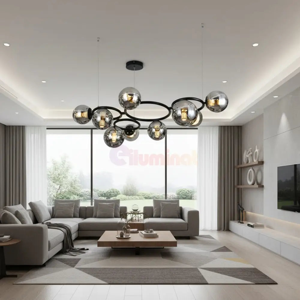 Lustra Suspendata DIONIS Circles Black Abajur Fumuriu 9xE27 Chandeliers