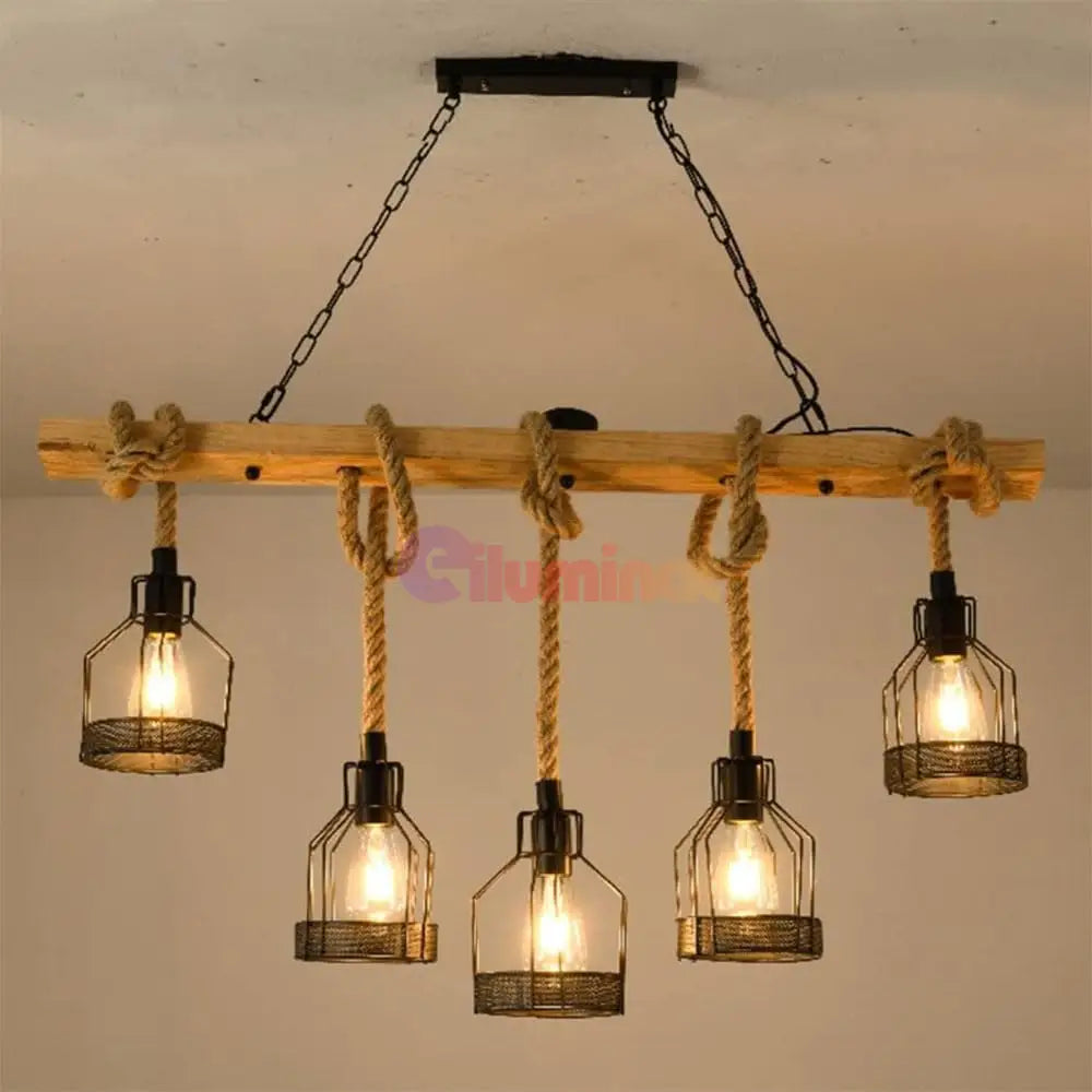 Lustra Wood Design Iron Cage 5Xe27 Lighting Fixtures