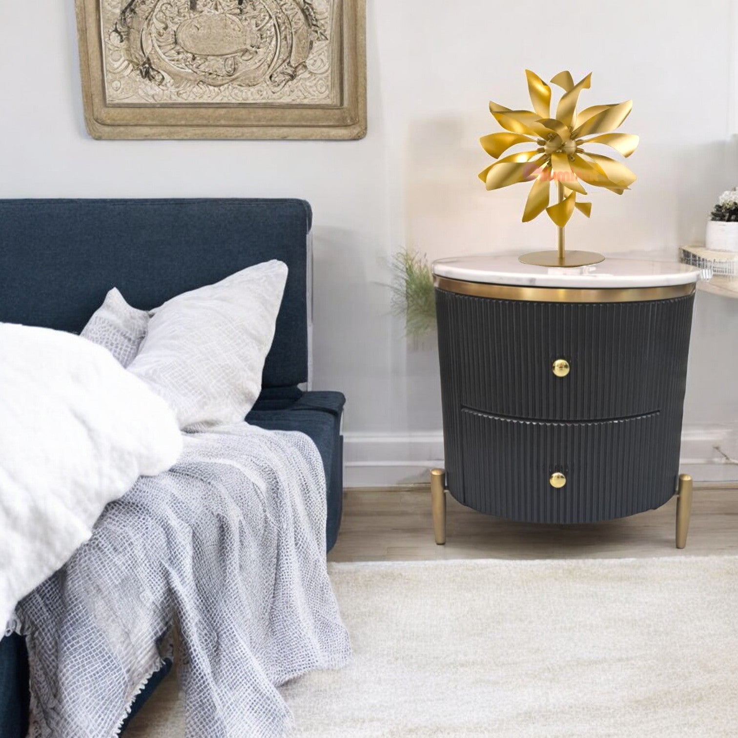 Noptiera Cu 2 Sertare Luxury Line Blat Din Marmura Tiffany Neagra Nightstand