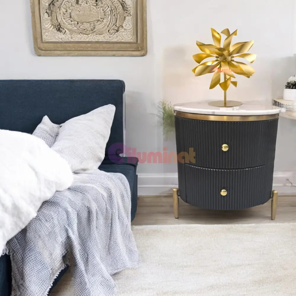 Noptiera Cu 2 Sertare Luxury Line Blat Din Marmura Tiffany Neagra Nightstand