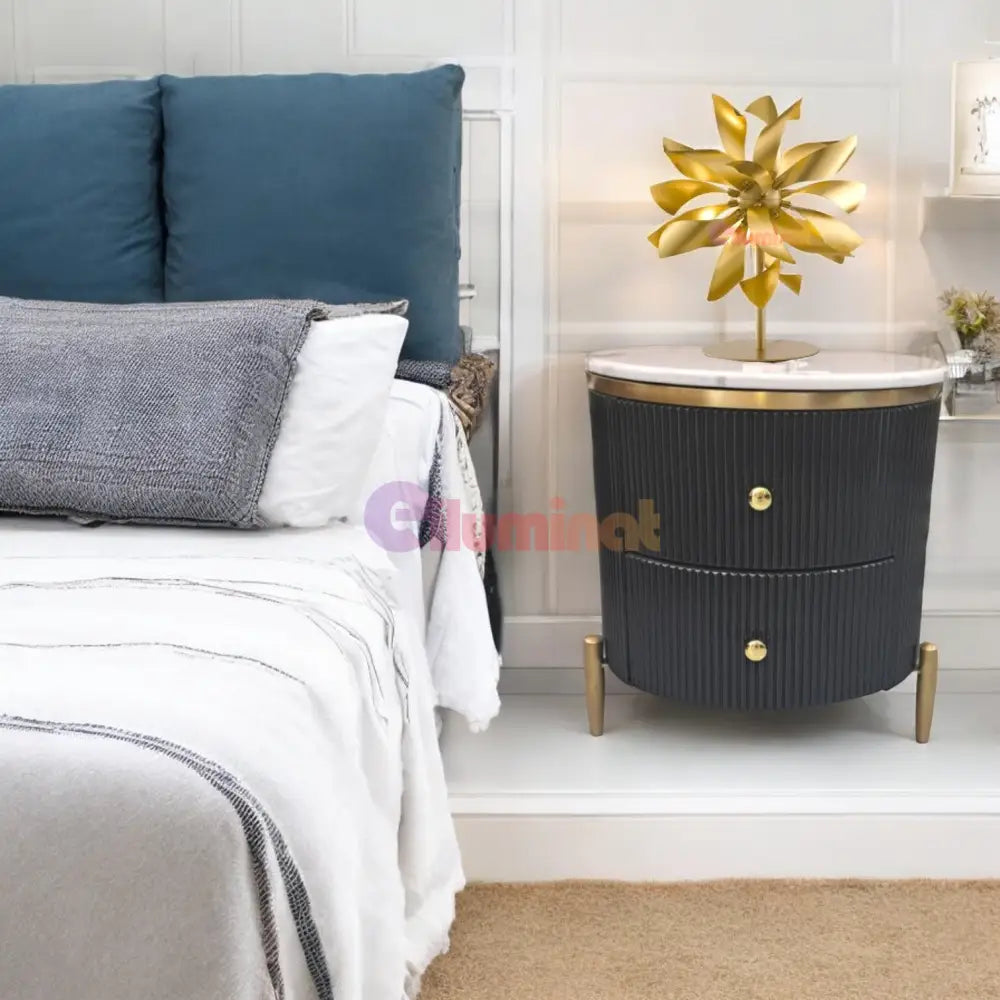 Noptiera Cu 2 Sertare Luxury Line Blat Din Marmura Tiffany Neagra Nightstand