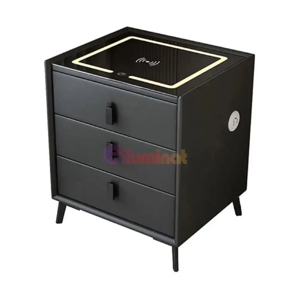 Noptiera Neagra Smart Cu Incarcare Wireless Lumini Amprenta Si Boxa Bluetooth Nightstand