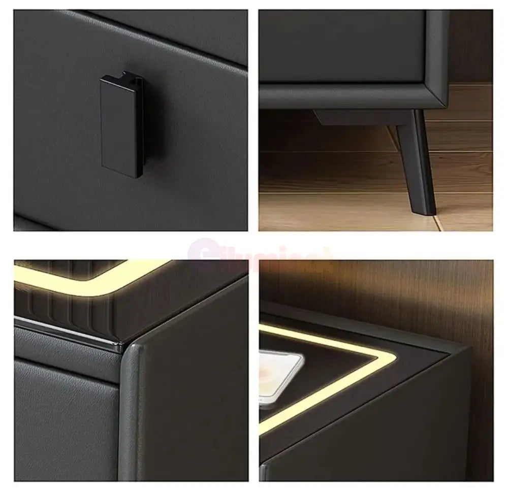 Noptiera Neagra Smart Cu Incarcare Wireless Lumini Amprenta Si Boxa Bluetooth Nightstand