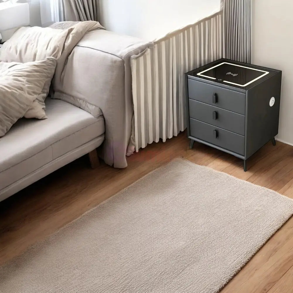 Noptiera Neagra Smart Cu Incarcare Wireless Lumini Amprenta Si Boxa Bluetooth Nightstand