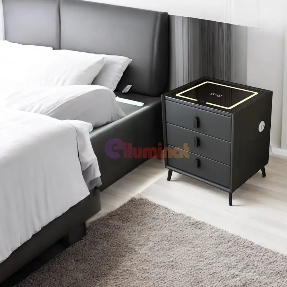 Noptiera Neagra Smart Cu Incarcare Wireless Lumini Amprenta Si Boxa Bluetooth Nightstand