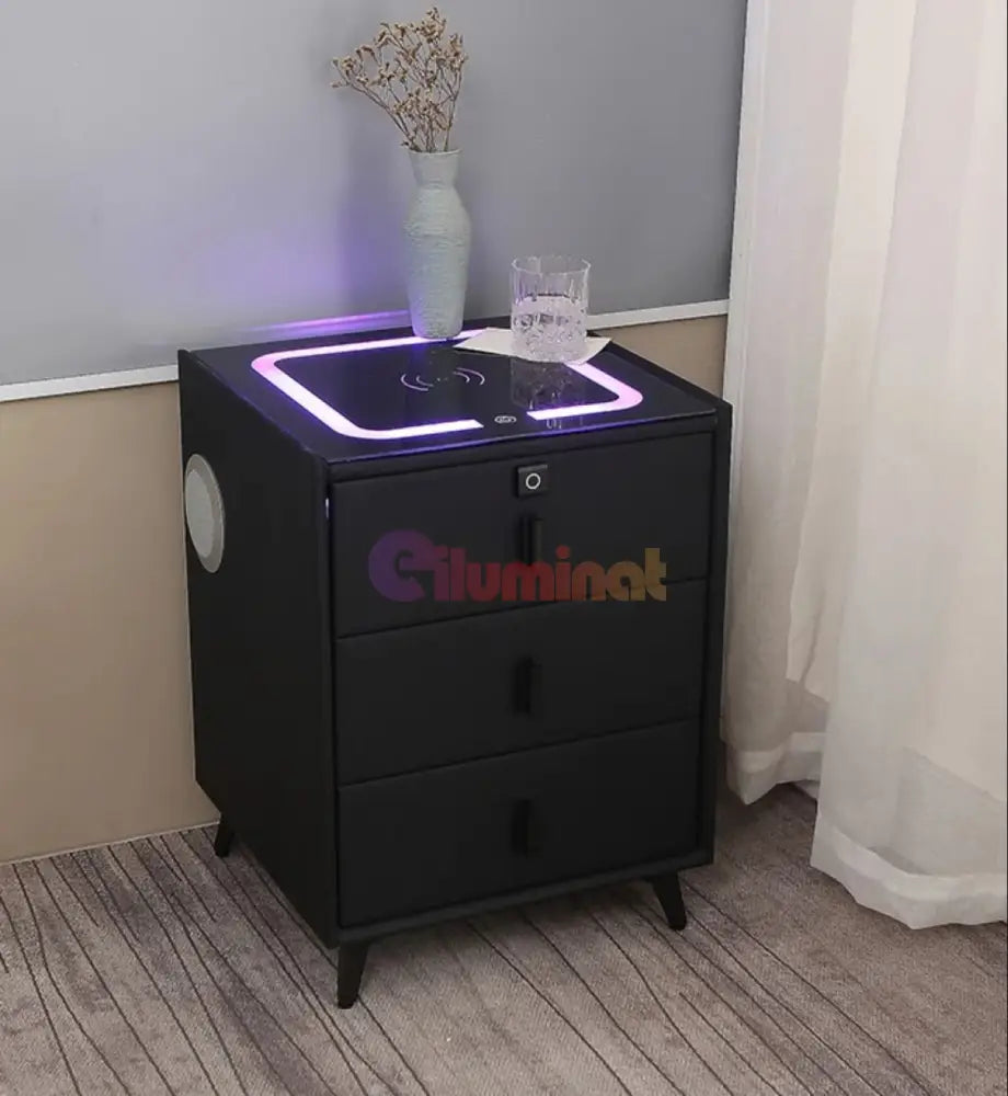 Noptiera Neagra Smart Cu Incarcare Wireless Lumini Amprenta Si Boxa Bluetooth Nightstand