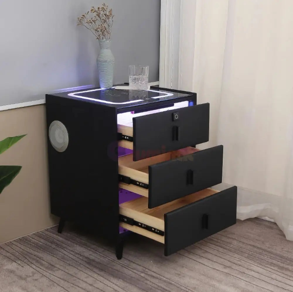 Noptiera Neagra Smart Cu Incarcare Wireless Lumini Amprenta Si Boxa Bluetooth Nightstand